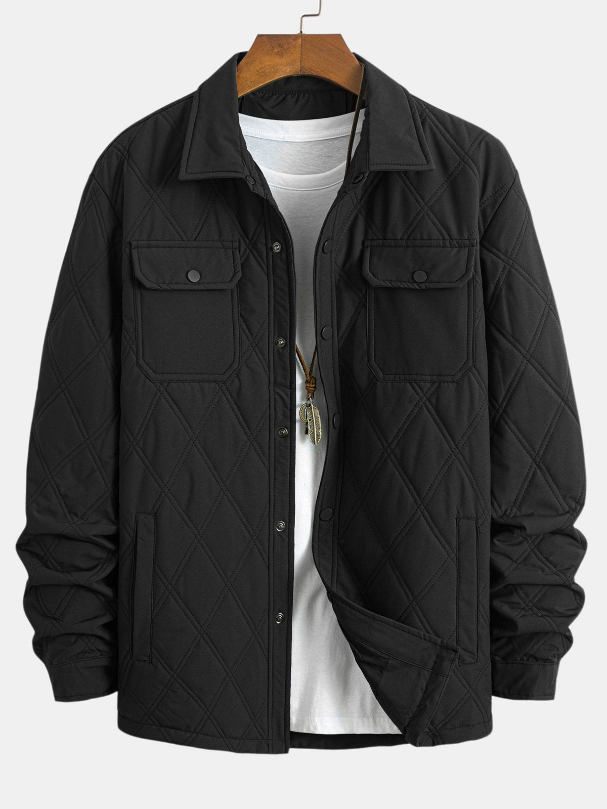 Men's Diamond Quilted Utility Overshirt Jacket – Lightweight Padded Button-Up Outerwear with Chest Pockets for Autumn and Spring