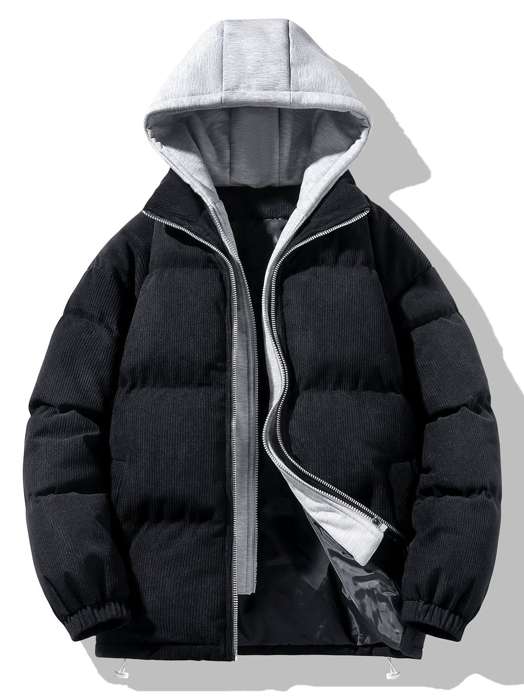 Men's Corduroy Hooded Puffer Jacket – Warm Padded Winter Outerwear with Layered Grey Hood and Zip Fastening
