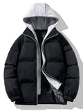 Men's Corduroy Hooded Puffer Jacket – Warm Padded Winter Outerwear with Layered Grey Hood and Zip Fastening