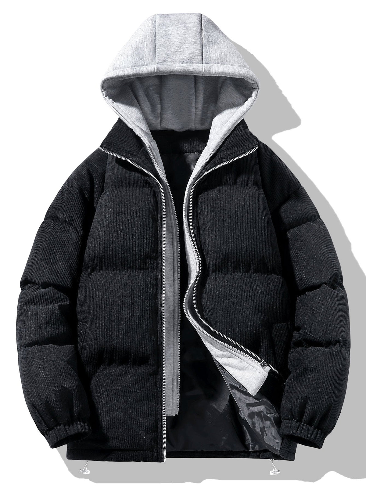 Men's Corduroy Hooded Puffer Jacket – Warm Padded Winter Outerwear with Layered Grey Hood and Zip Fastening