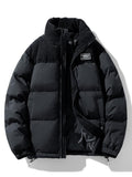 Men's Corduroy Panel Puffer Jacket – Warm High Collar Padded Winter Outerwear with Zip-Up Front and Adjustable Hem