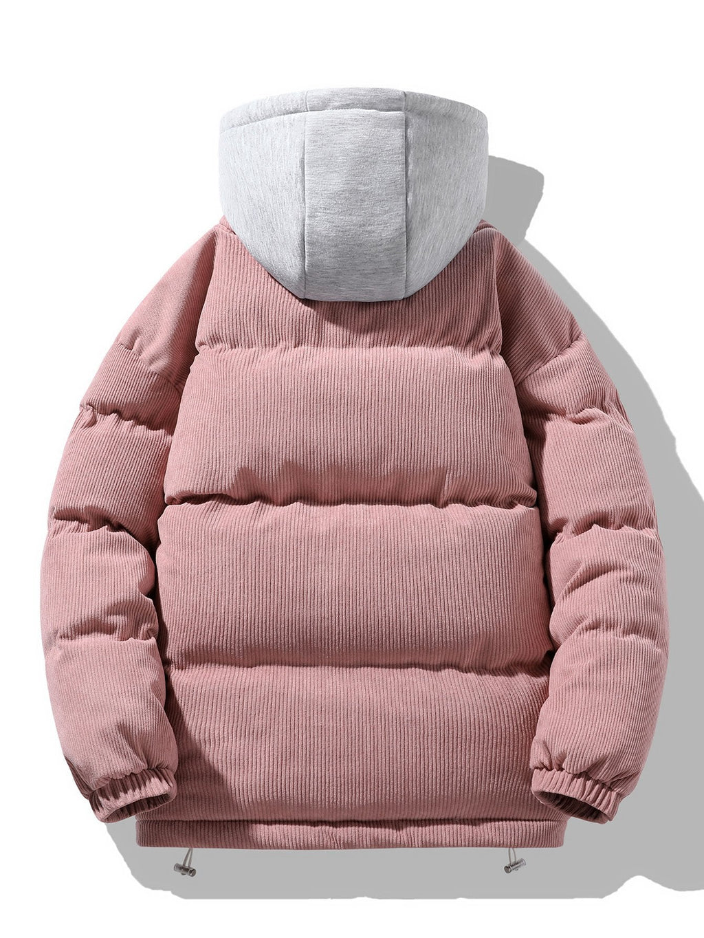 Men's Corduroy Hooded Puffer Jacket – Warm Padded Winter Outerwear with Layered Grey Hood and Zip Fastening