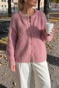 Women's Soft Fluffy Ribbed Knitted Cardigan – Relaxed Long Sleeve Round Neck Button Front Cardigan for Cosy Autumn and Winter Layering