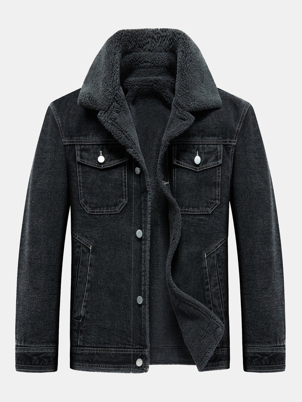 Men's Borg-Lined Denim Jacket – Vintage Washed Button-Up Winter Outerwear with Sherpa Collar and Utility Pockets