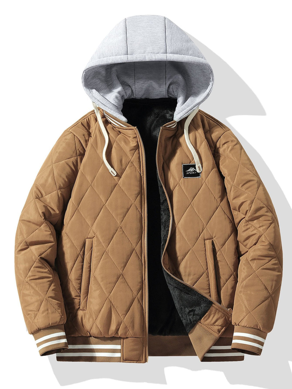 Men's Teddy-Lined Quilted Bomber Jacket – Diamond Stitched Winter Outerwear with Detachable Drawstring Hood and Striped Ribbed Trims