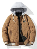 Men's Teddy-Lined Quilted Bomber Jacket – Diamond Stitched Winter Outerwear with Detachable Drawstring Hood and Striped Ribbed Trims