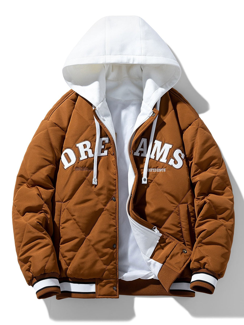 Men's Quilted Hooded Varsity Jacket – Warm Diamond Padded Baseball Outerwear with Contrast Hood and Striped Ribbed Trims
