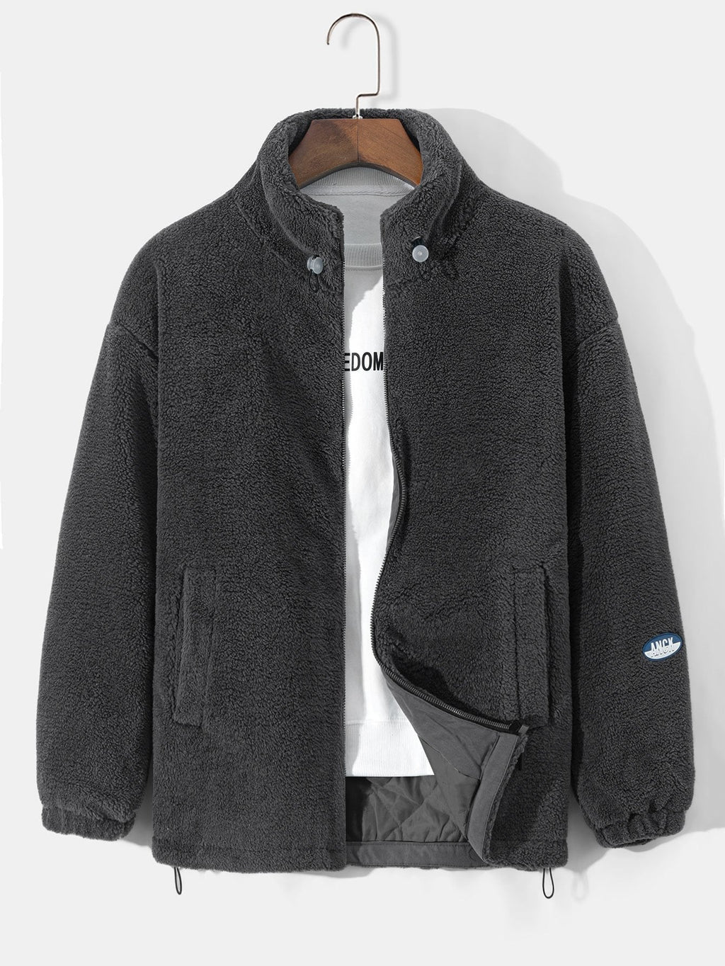 Men's Quilted-Lined Teddy Fleece Jacket – Warm Zip-Up Winter Outerwear with Soft Borg Texture and Stand Collar