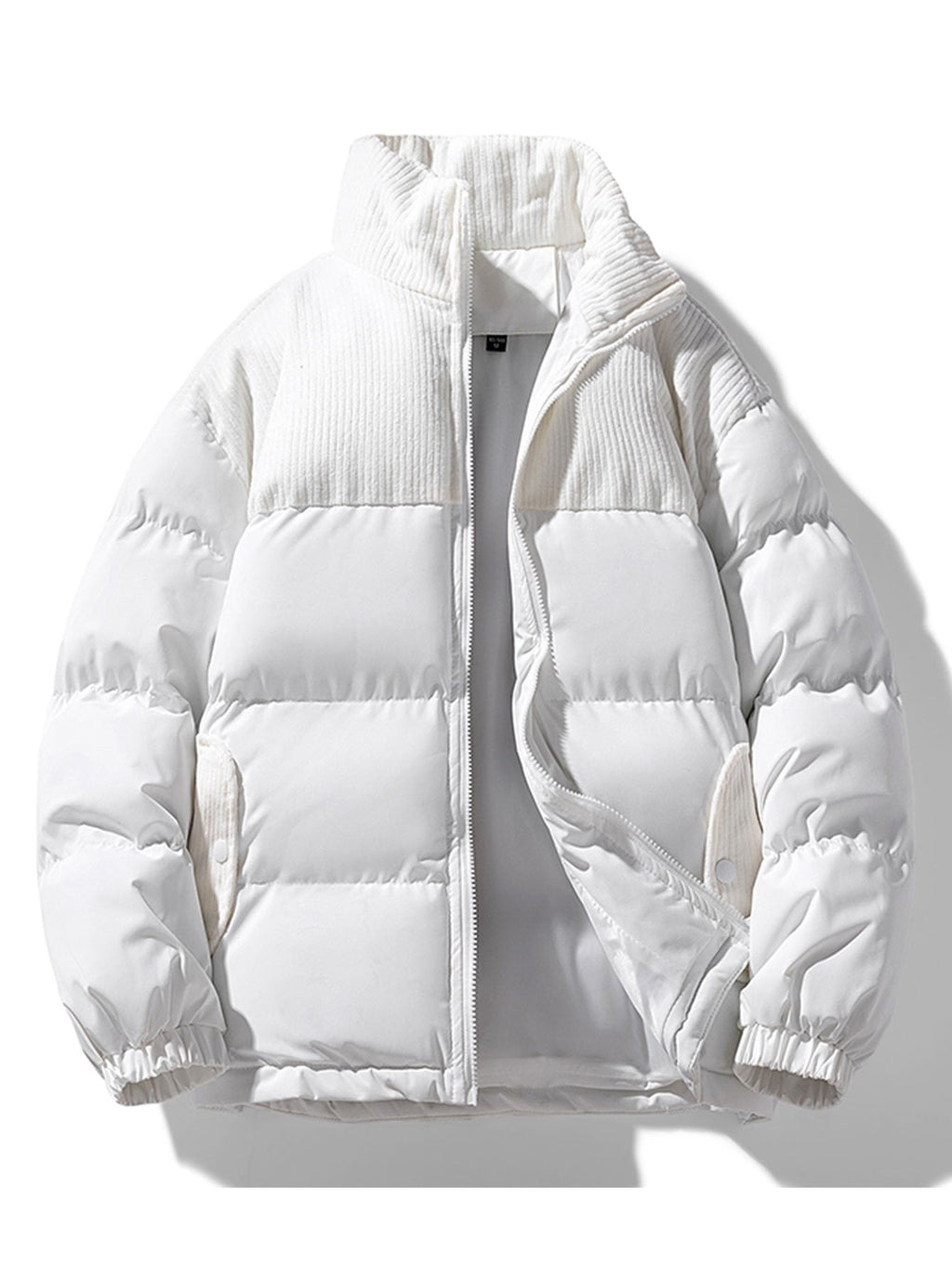 Men's Corduroy Panelled Puffer Jacket with High Collar – Warm Relaxed Fit Winter Outerwear
