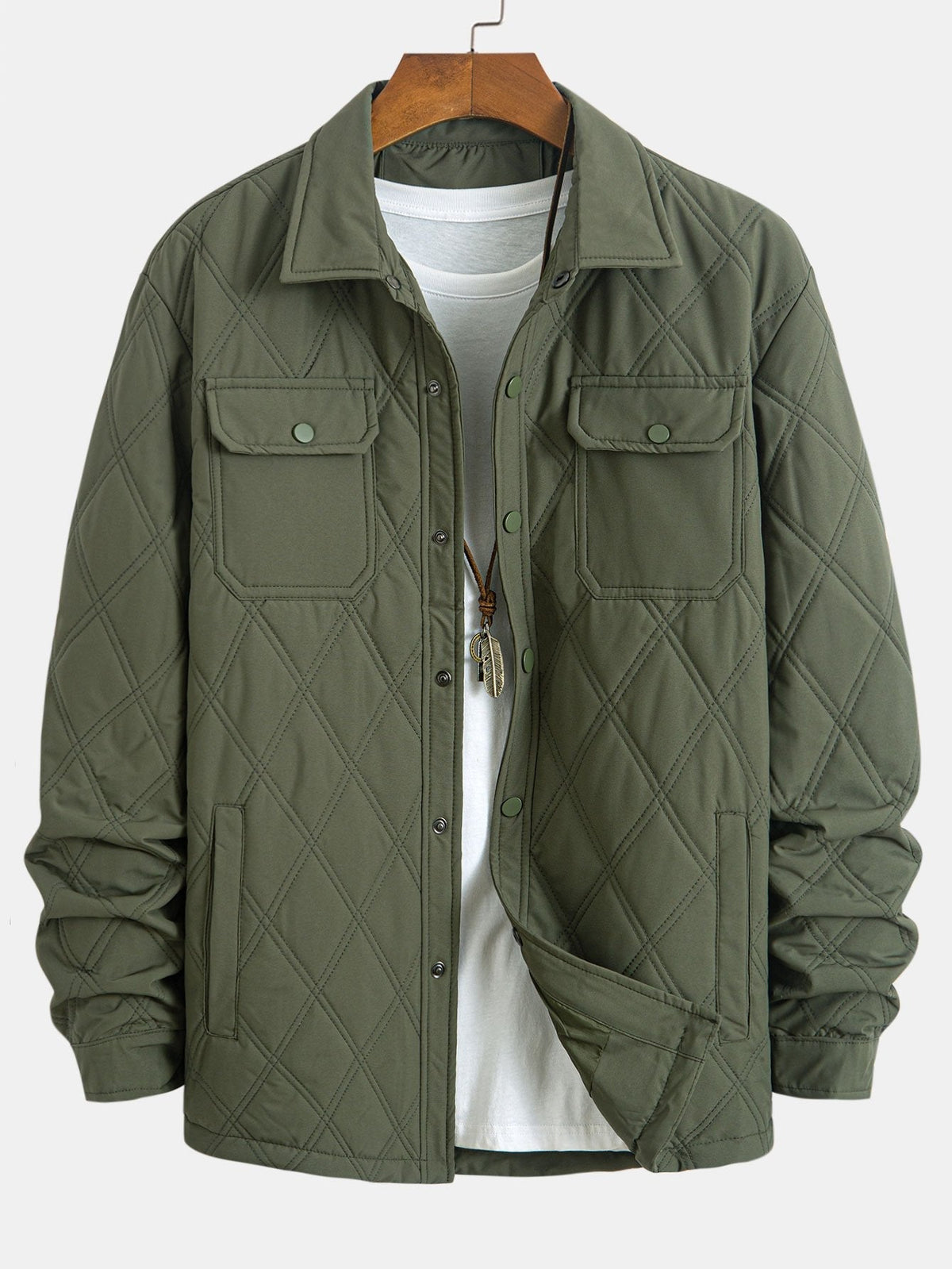 Men's Diamond Quilted Utility Overshirt Jacket – Lightweight Padded Button-Up Outerwear with Chest Pockets for Autumn and Spring