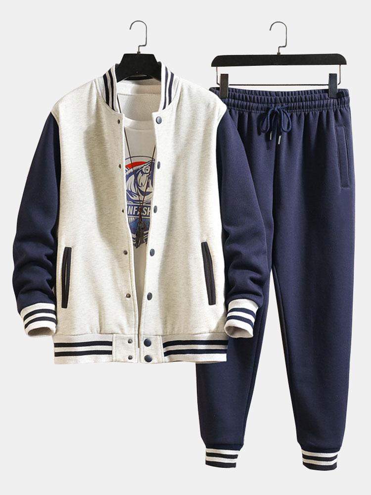 Men's Contrast Sleeve Varsity Jacket and Jogger Set – Classic Baseball Style Two-Piece Tracksuit for Casual Streetwear