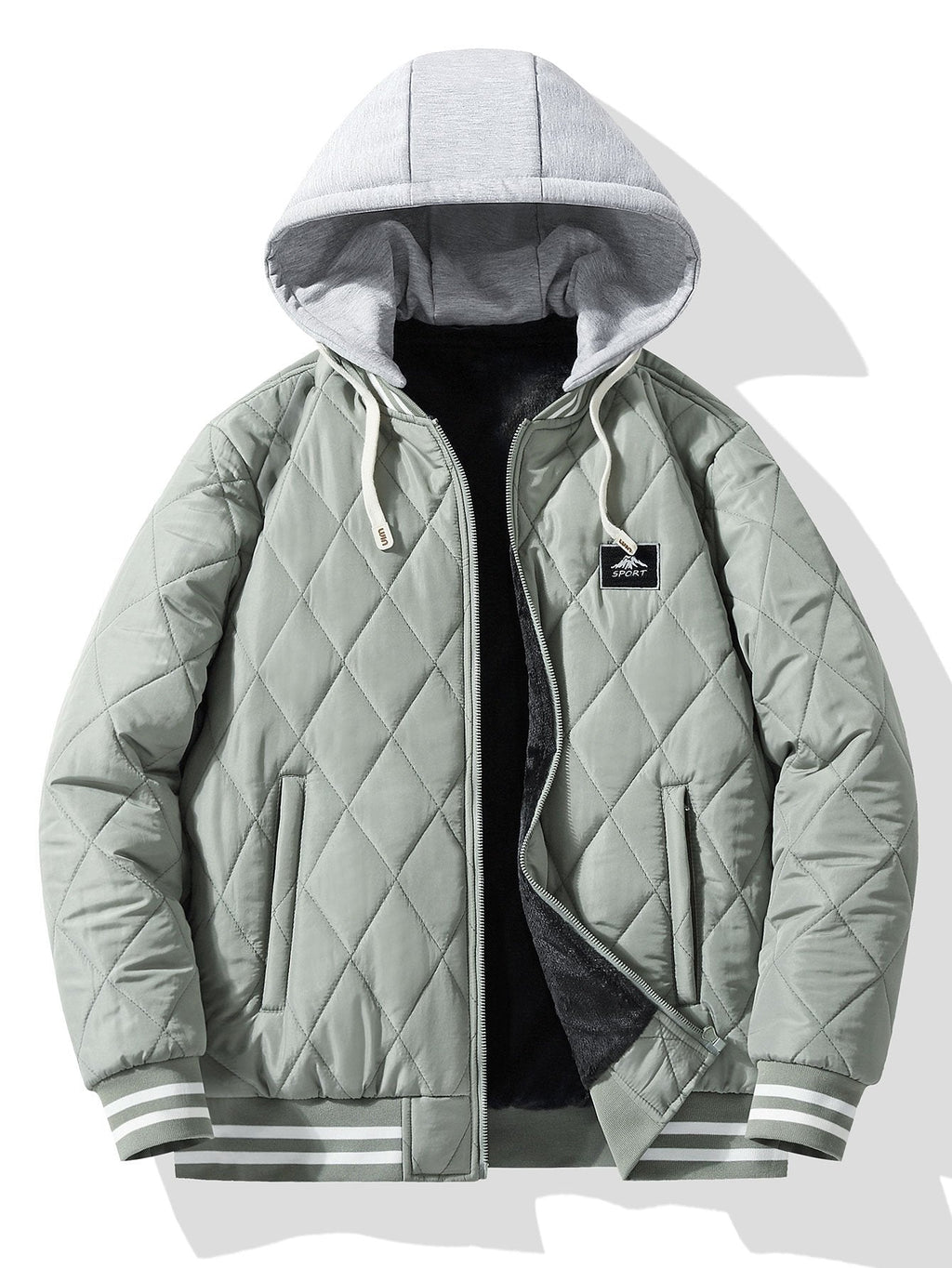 Men's Teddy-Lined Quilted Bomber Jacket – Diamond Stitched Winter Outerwear with Detachable Drawstring Hood and Striped Ribbed Trims