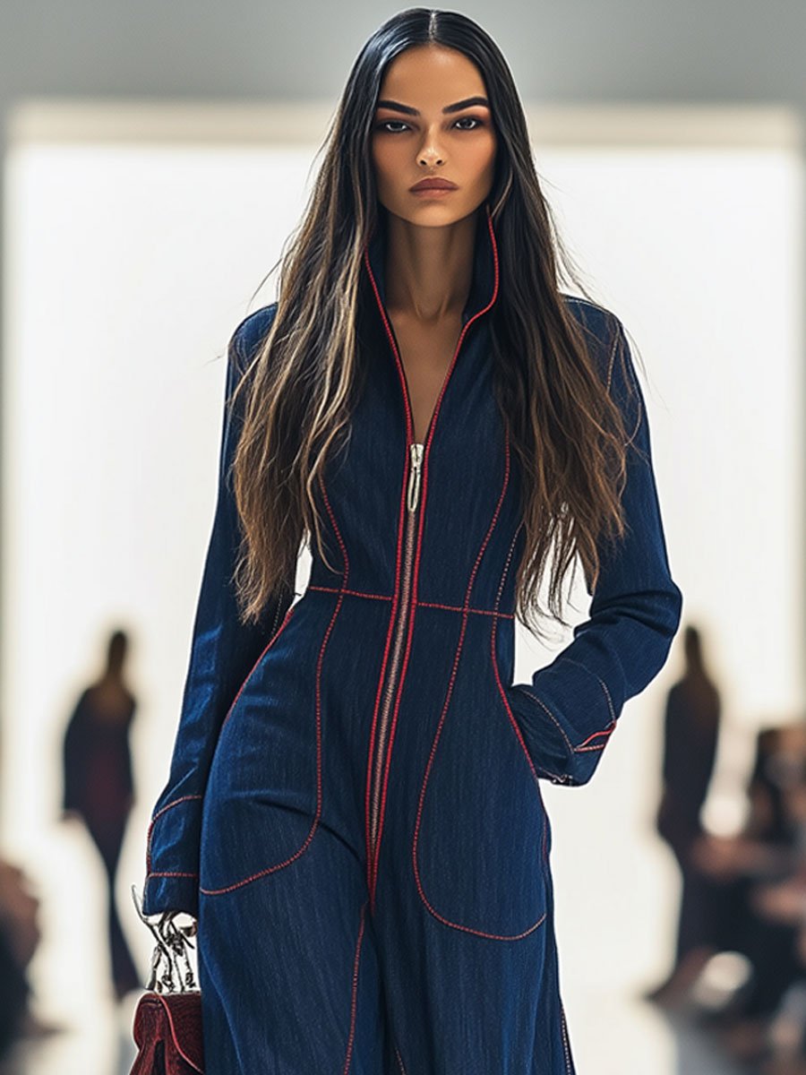 Relaxed Loose Retro Dark Blue Red-Topstitched Denim Wide-Leg Long Sleeve Jumpsuit