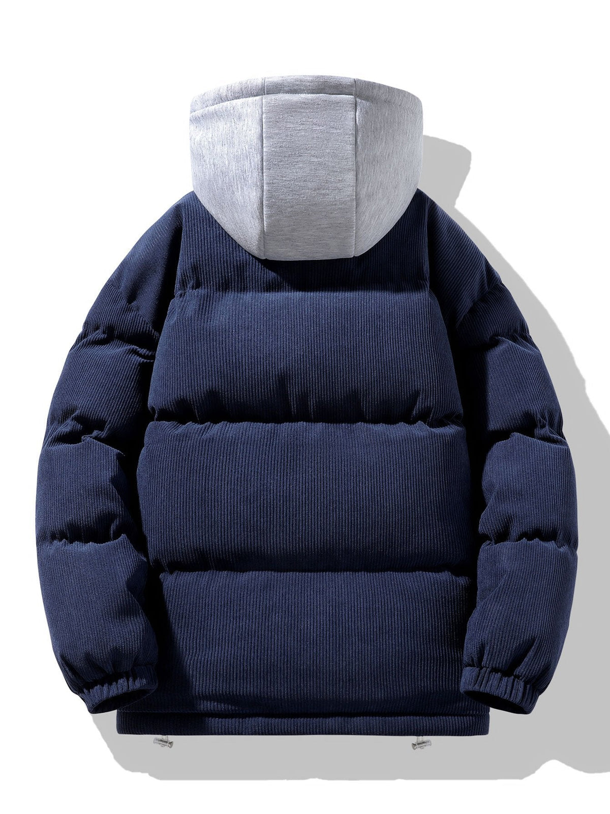Men's Corduroy Hooded Puffer Jacket – Warm Padded Winter Outerwear with Layered Grey Hood and Zip Fastening