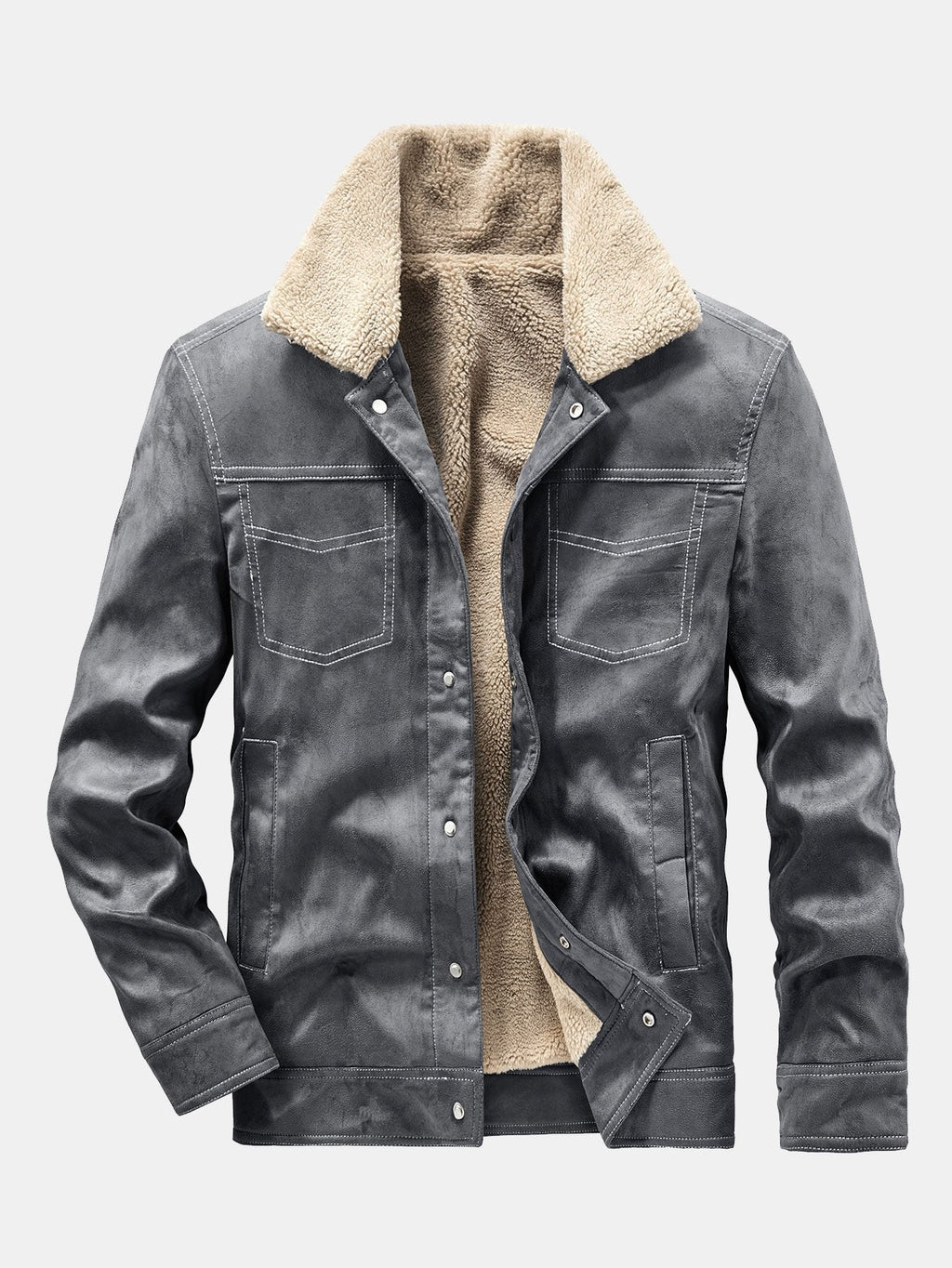 Men's Faux Suede Teddy-Lined Utility Jacket – Warm Sherpa Collar Button-Up Winter Outerwear with Chest Pockets and Vintage Workwear Styling