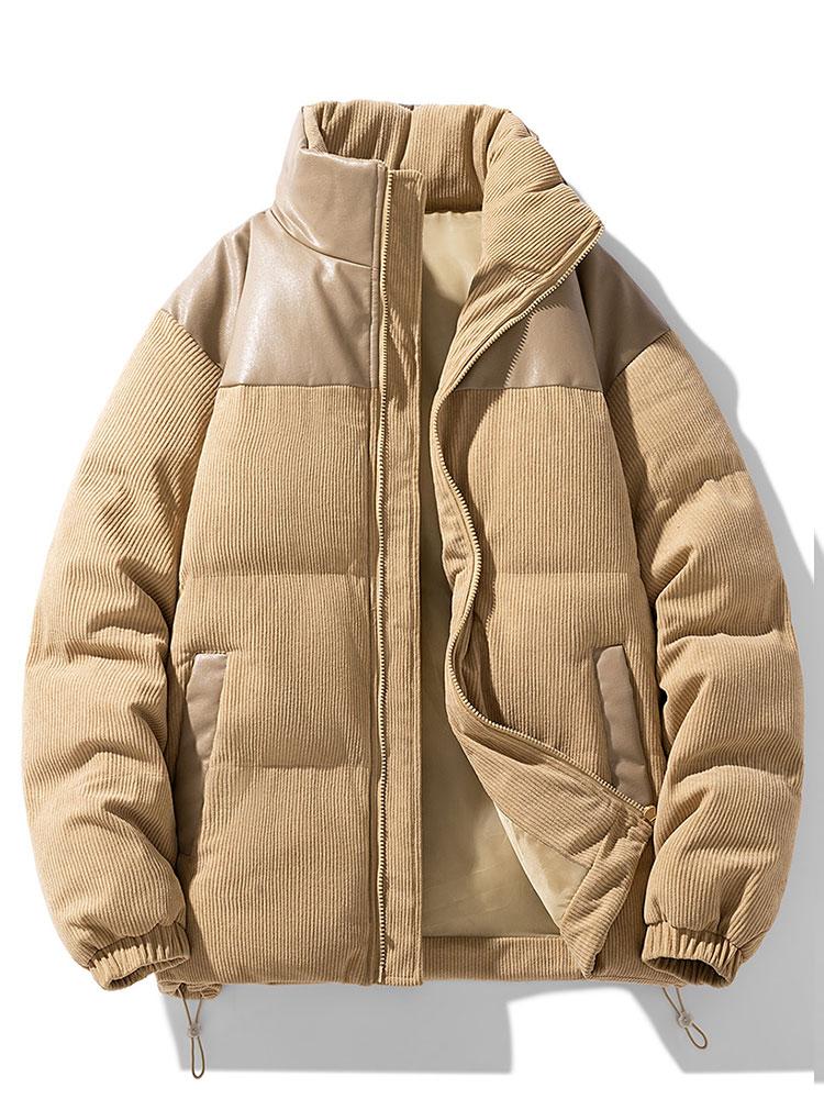 Men's Padded Corduroy Puffer Jacket – High Collar Zip-Up Winter Coat with Contrast Panels and Adjustable Hem