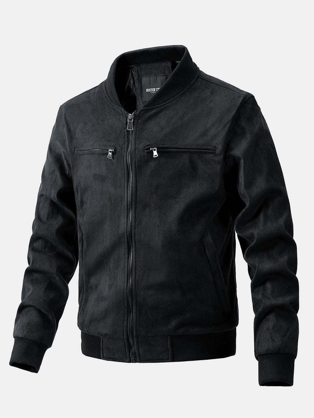 Men's Faux Suede Bomber Jacket – Quilted-Lined Zip-Up Outerwear with Zipped Chest Pockets and Ribbed Trims for Autumn