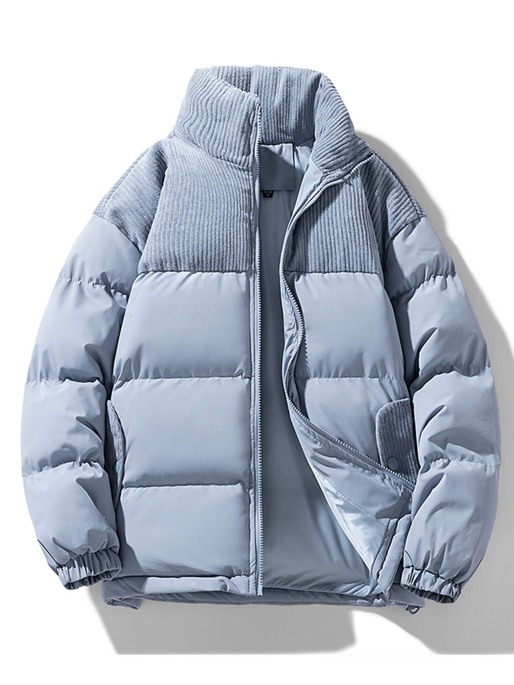 Men's Corduroy Panelled Puffer Jacket with High Collar – Warm Relaxed Fit Winter Outerwear