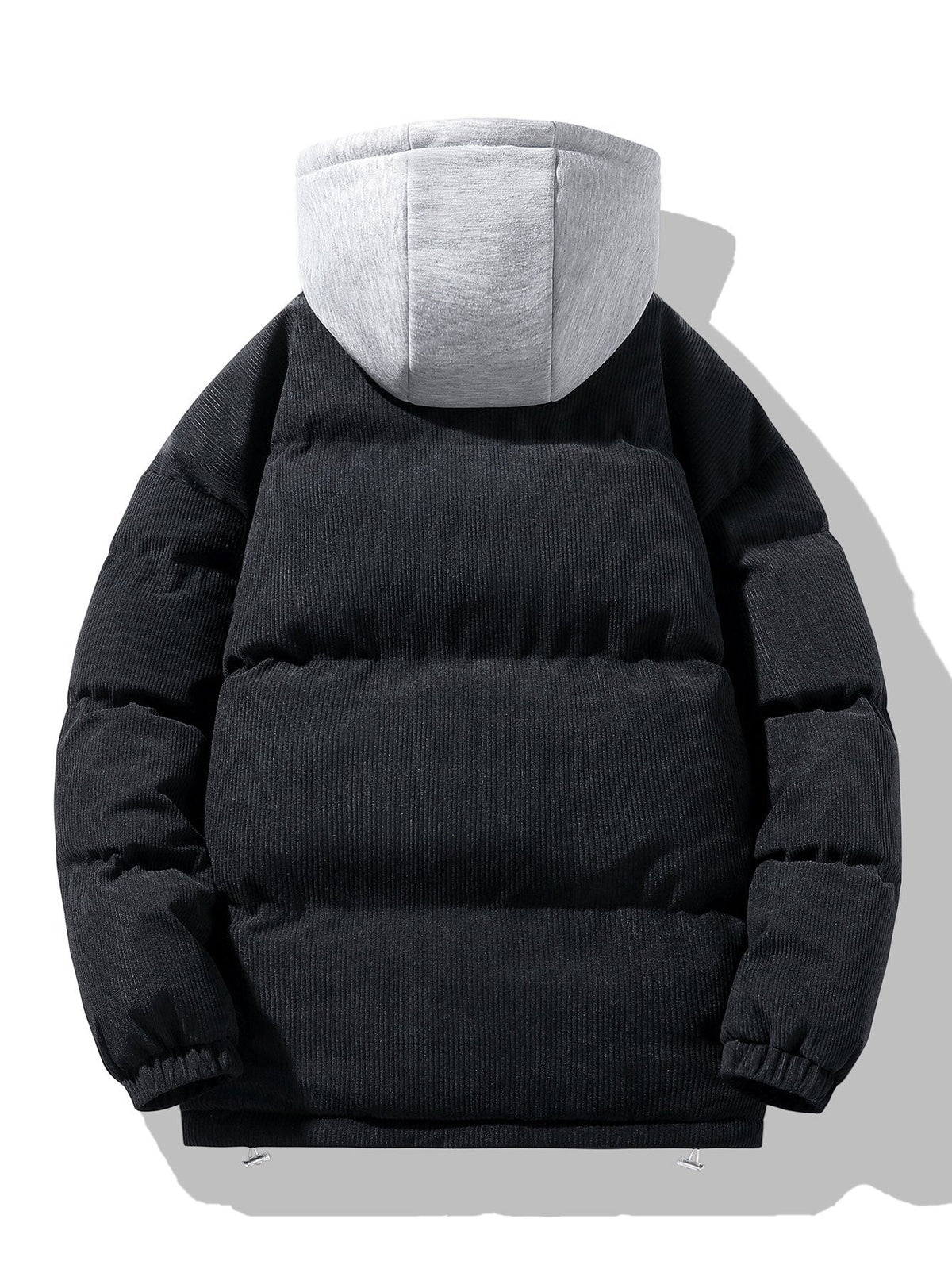 Men's Corduroy Hooded Puffer Jacket – Warm Padded Winter Outerwear with Layered Grey Hood and Zip Fastening