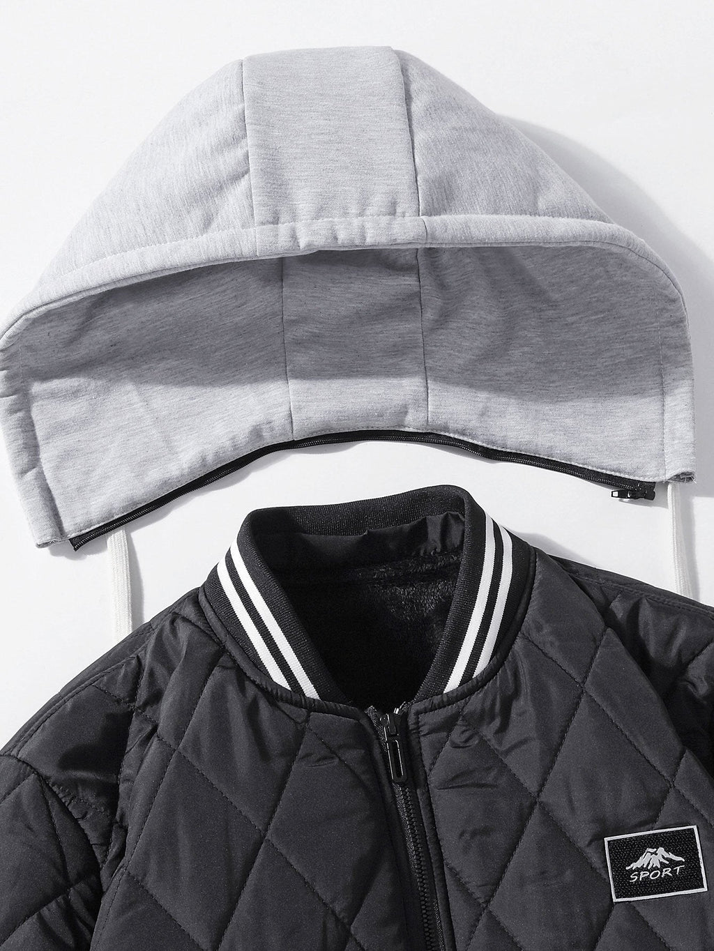 Men's Teddy-Lined Quilted Bomber Jacket – Diamond Stitched Winter Outerwear with Detachable Drawstring Hood and Striped Ribbed Trims