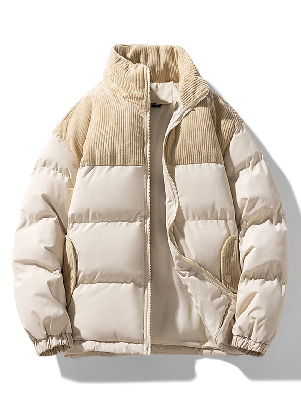 Men's Corduroy Panelled Puffer Jacket with High Collar – Warm Relaxed Fit Winter Outerwear