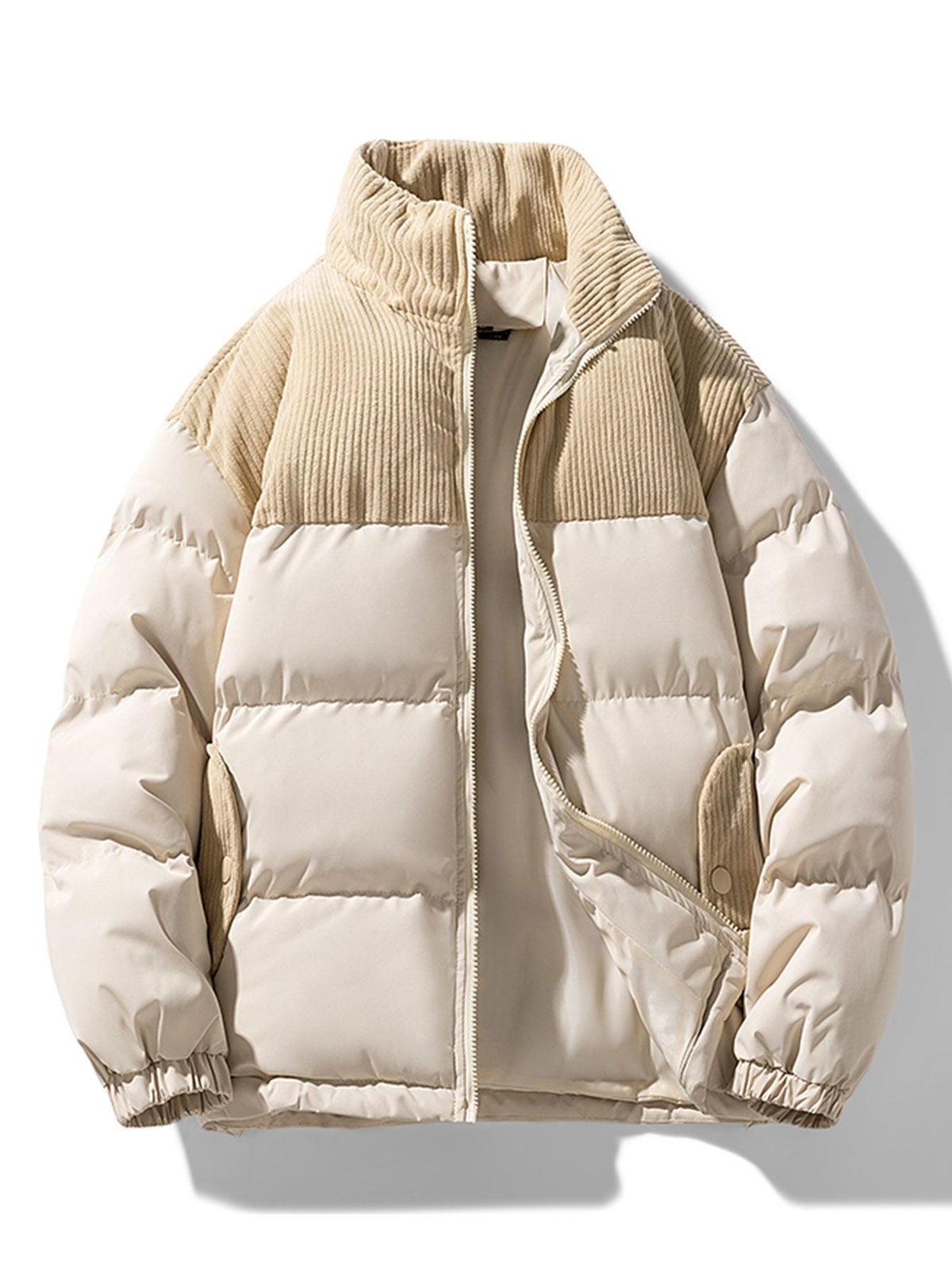 Men's Corduroy Panelled Puffer Jacket with High Collar – Warm Relaxed Fit Winter Outerwear