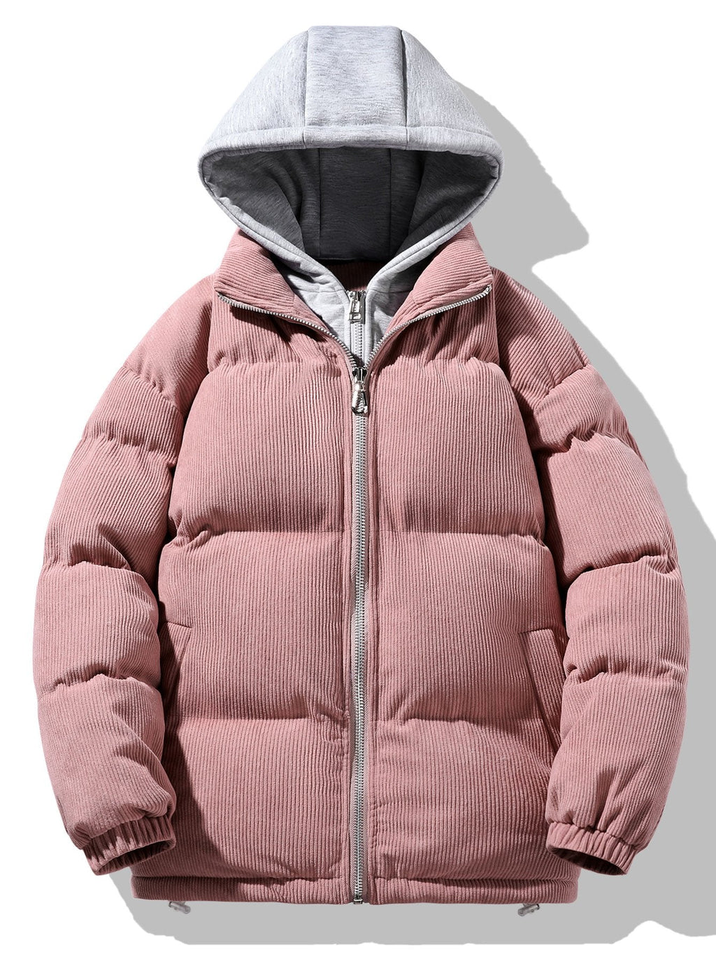 Men's Corduroy Hooded Puffer Jacket – Warm Padded Winter Outerwear with Layered Grey Hood and Zip Fastening