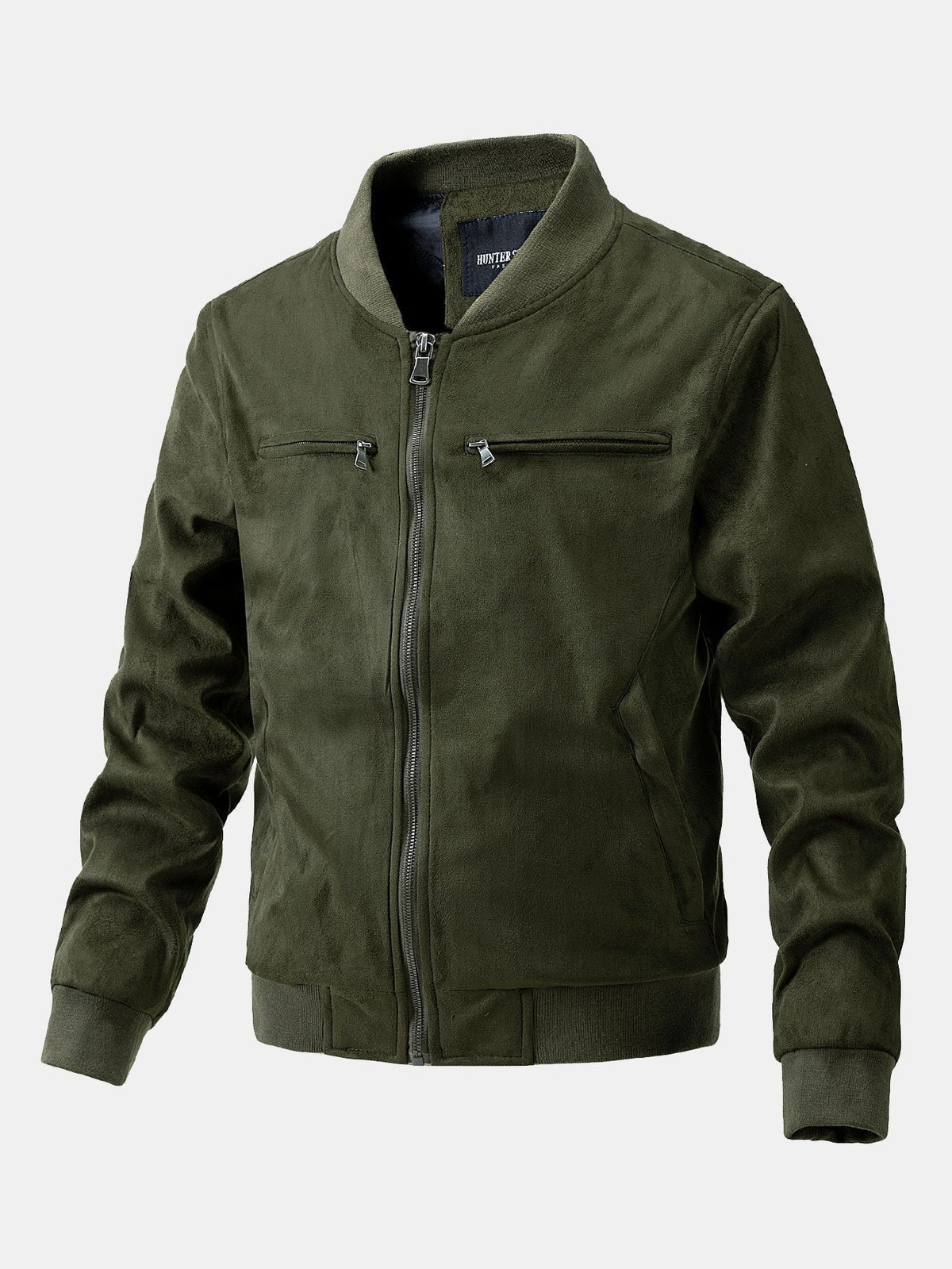 Men's Faux Suede Bomber Jacket – Quilted-Lined Zip-Up Outerwear with Zipped Chest Pockets and Ribbed Trims for Autumn