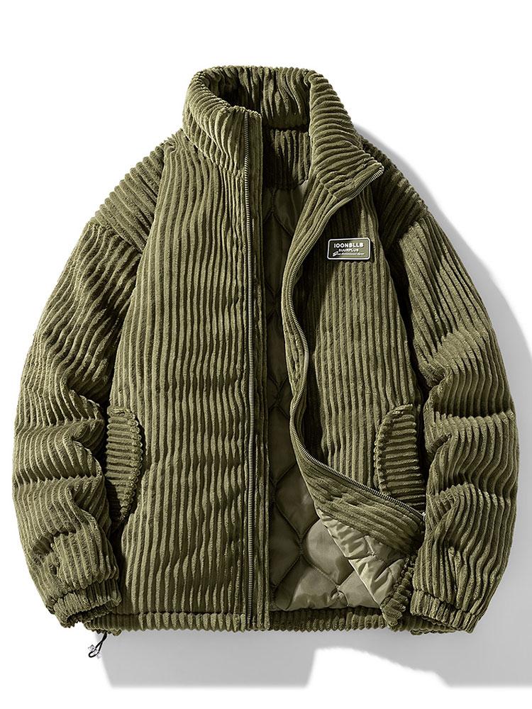 Men's Quilted-Lined Corduroy Jacket with High Collar – Warm Padded Zip-Up Outerwear for Autumn and Winter