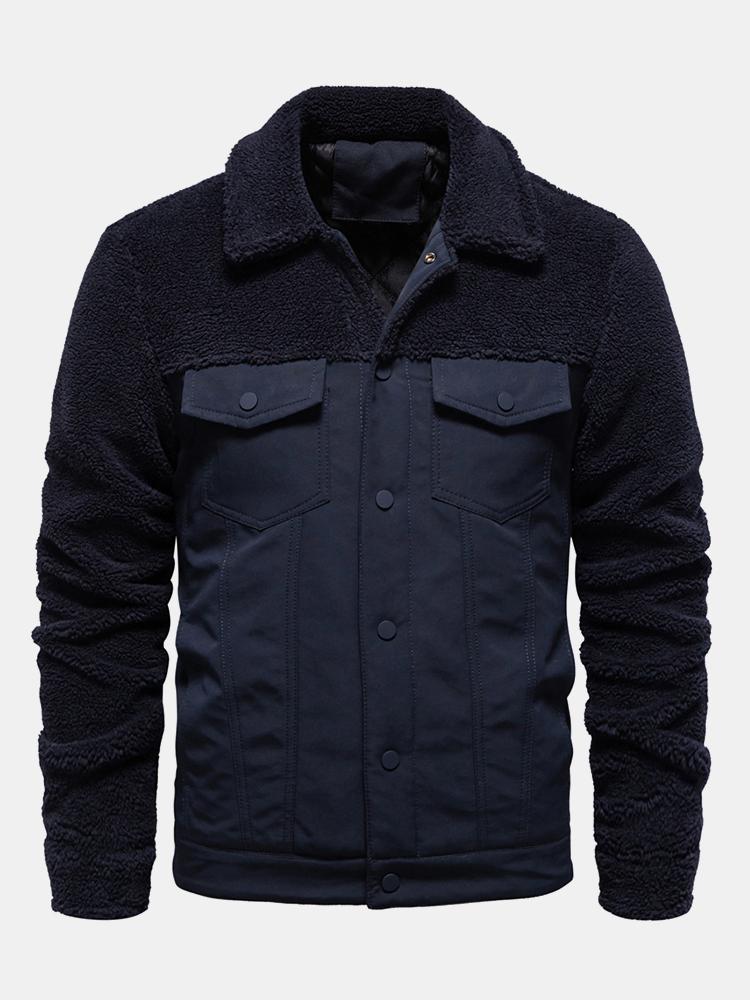 Men's Quilted-Lined Teddy Fleece Jacket – Warm Colour Block Winter Outerwear with Snap-Button Fastening and Utility Chest Pockets