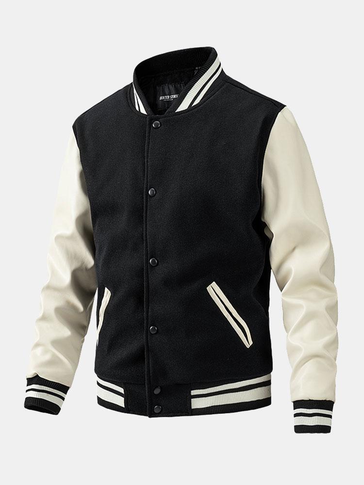 Men's Wool-Look Varsity Bomber Jacket with Faux Leather Sleeves – Classic College Style Outerwear for Autumn and Spring