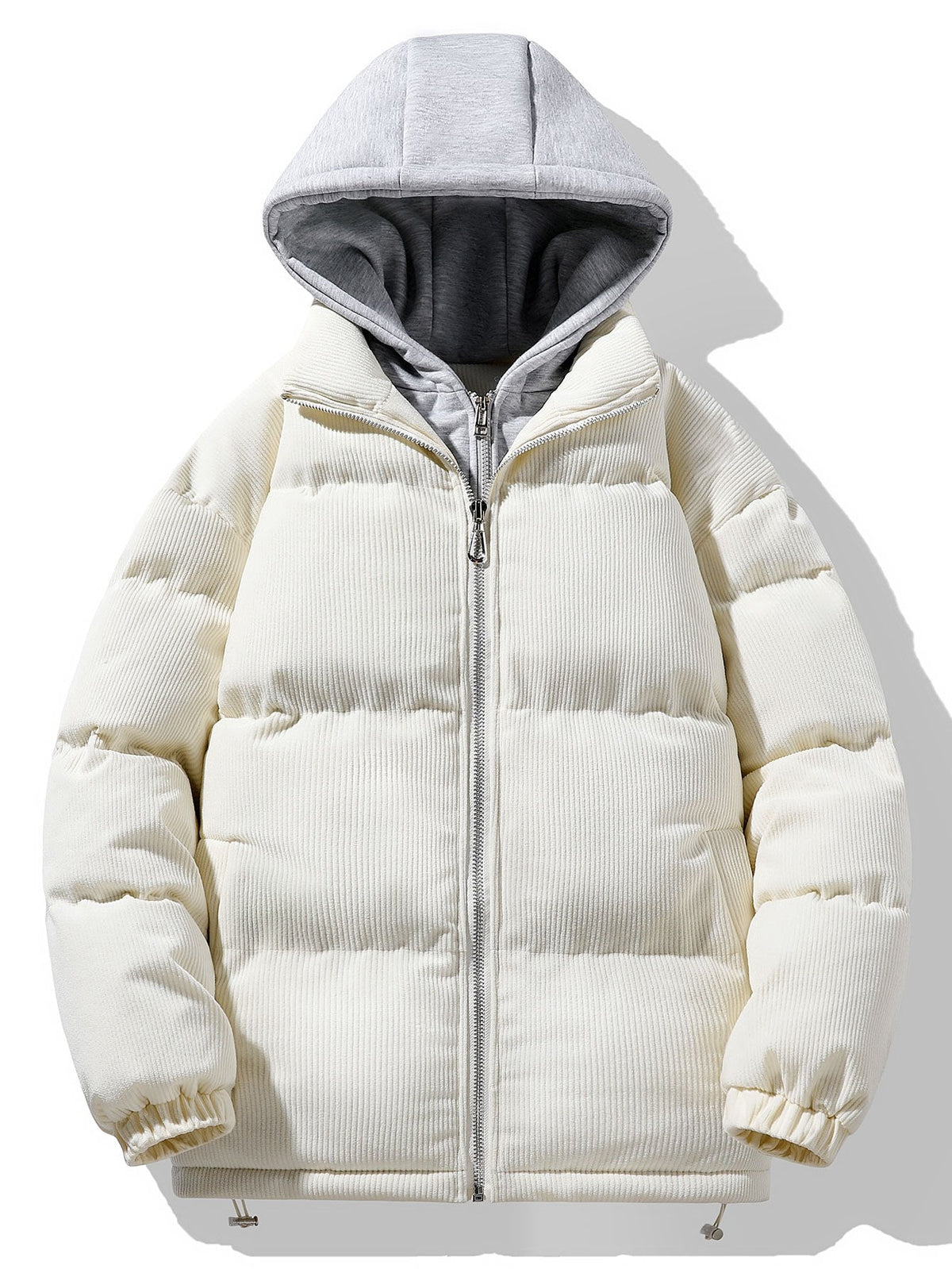 Men's Corduroy Hooded Puffer Jacket – Warm Padded Winter Outerwear with Layered Grey Hood and Zip Fastening