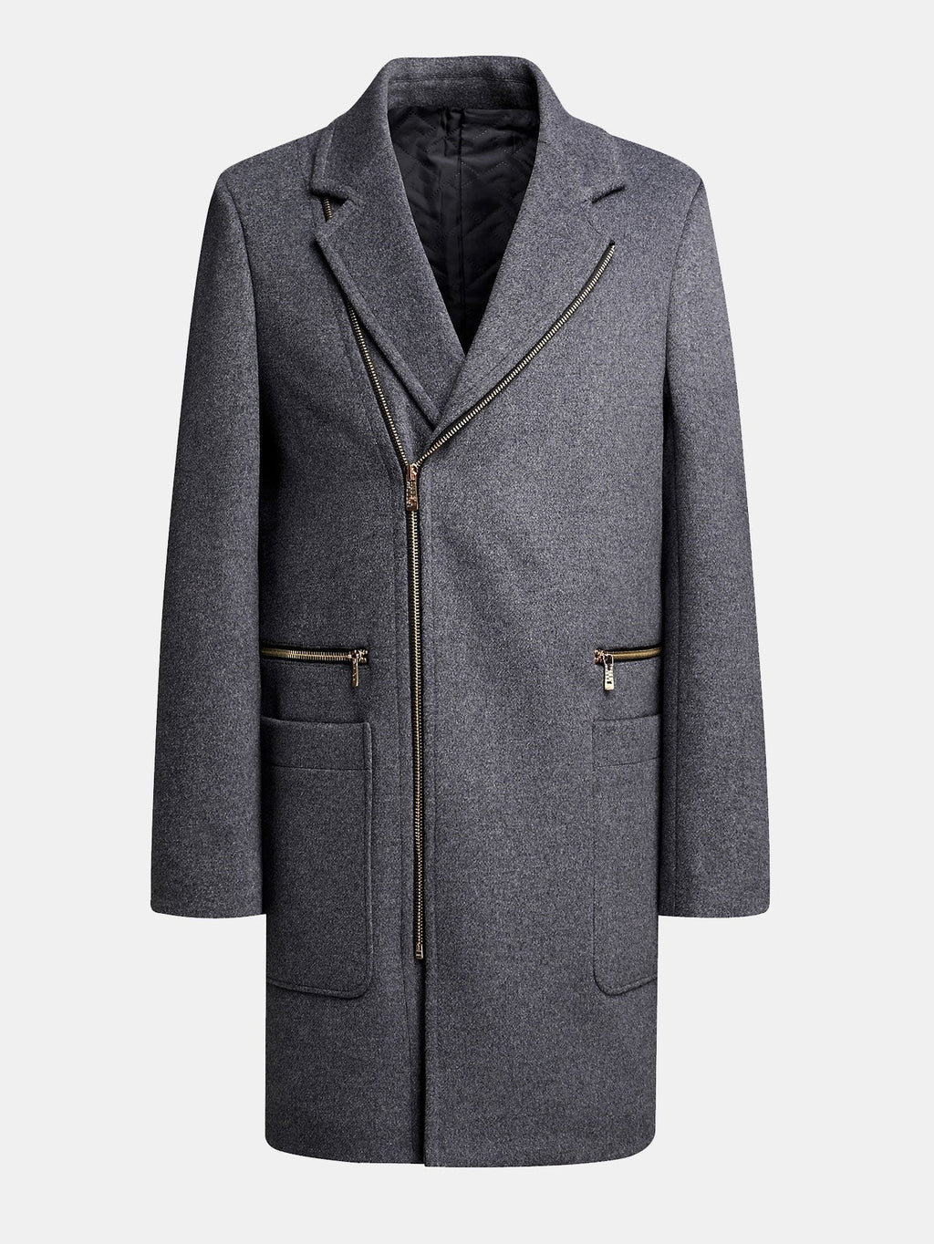 Men's Long Wool Blend Overcoat – Tailored Winter Coat with Asymmetric Zip Fastening and Quilted Lining for Smart Casual Wear