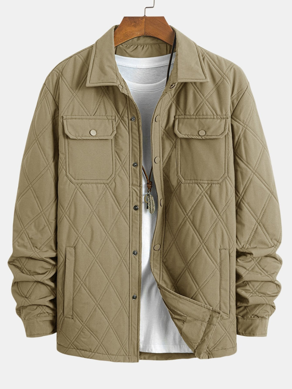 Men's Diamond Quilted Utility Overshirt Jacket – Lightweight Padded Button-Up Outerwear with Chest Pockets for Autumn and Spring