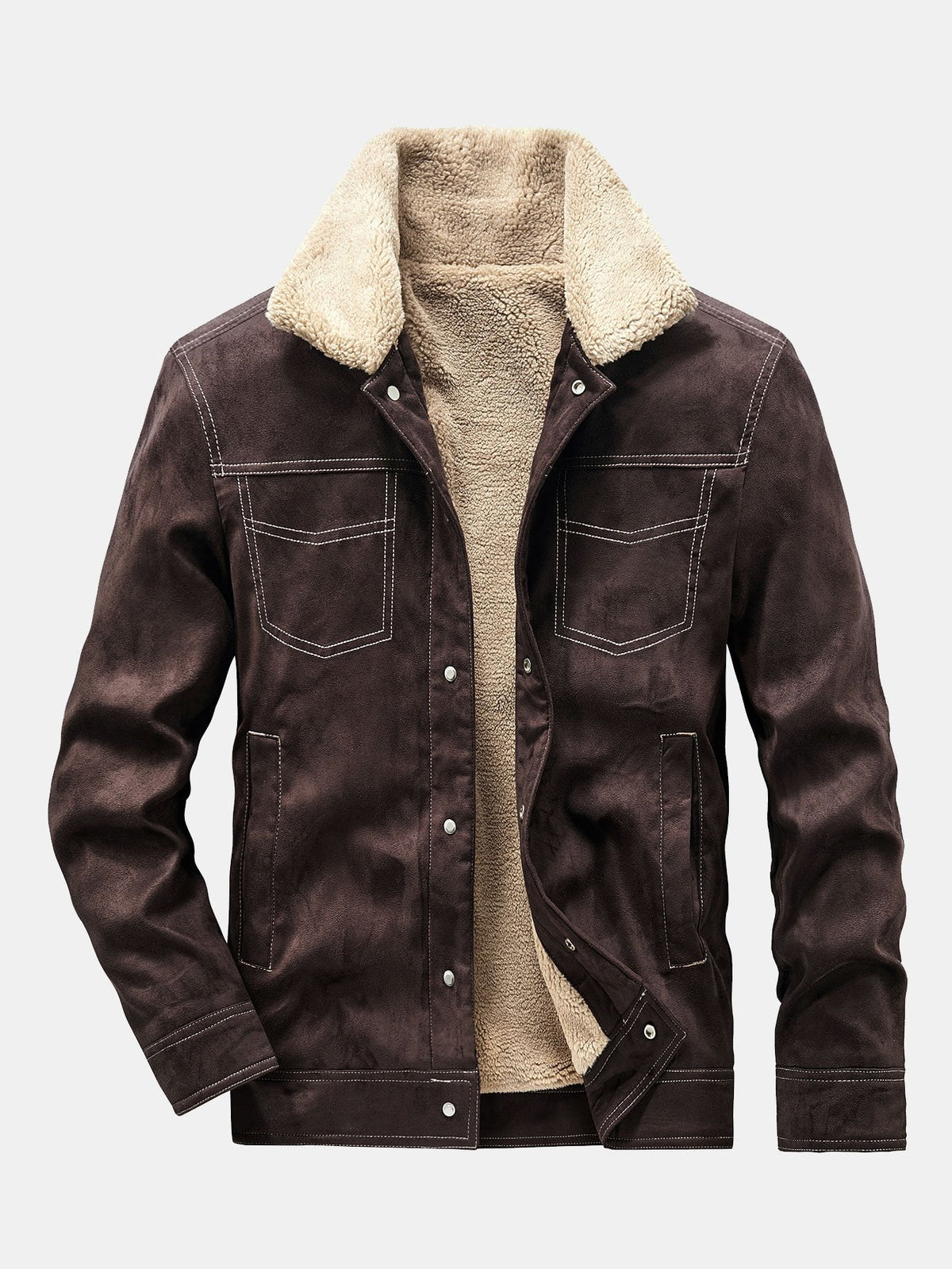 Men's Faux Suede Teddy-Lined Utility Jacket – Warm Sherpa Collar Button-Up Winter Outerwear with Chest Pockets and Vintage Workwear Styling