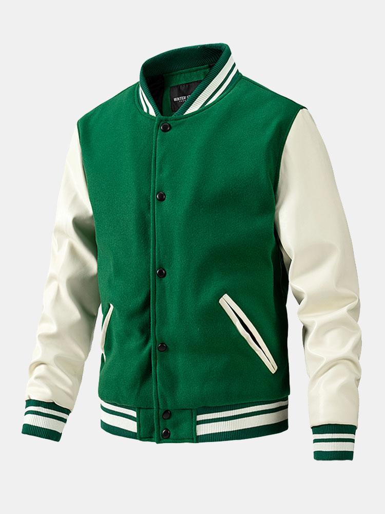 Men's Wool-Look Varsity Bomber Jacket with Faux Leather Sleeves – Classic College Style Outerwear for Autumn and Spring