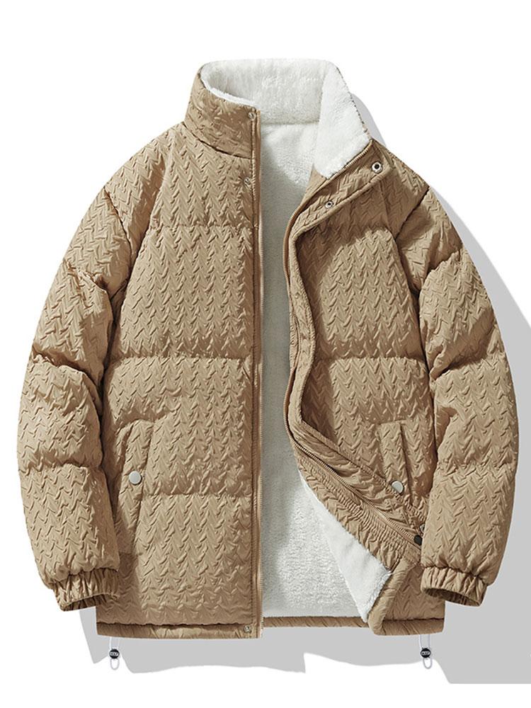 Men's Textured Jacquard Puffer Jacket with Teddy Fleece Lining – Warm High Collar Winter Outerwear