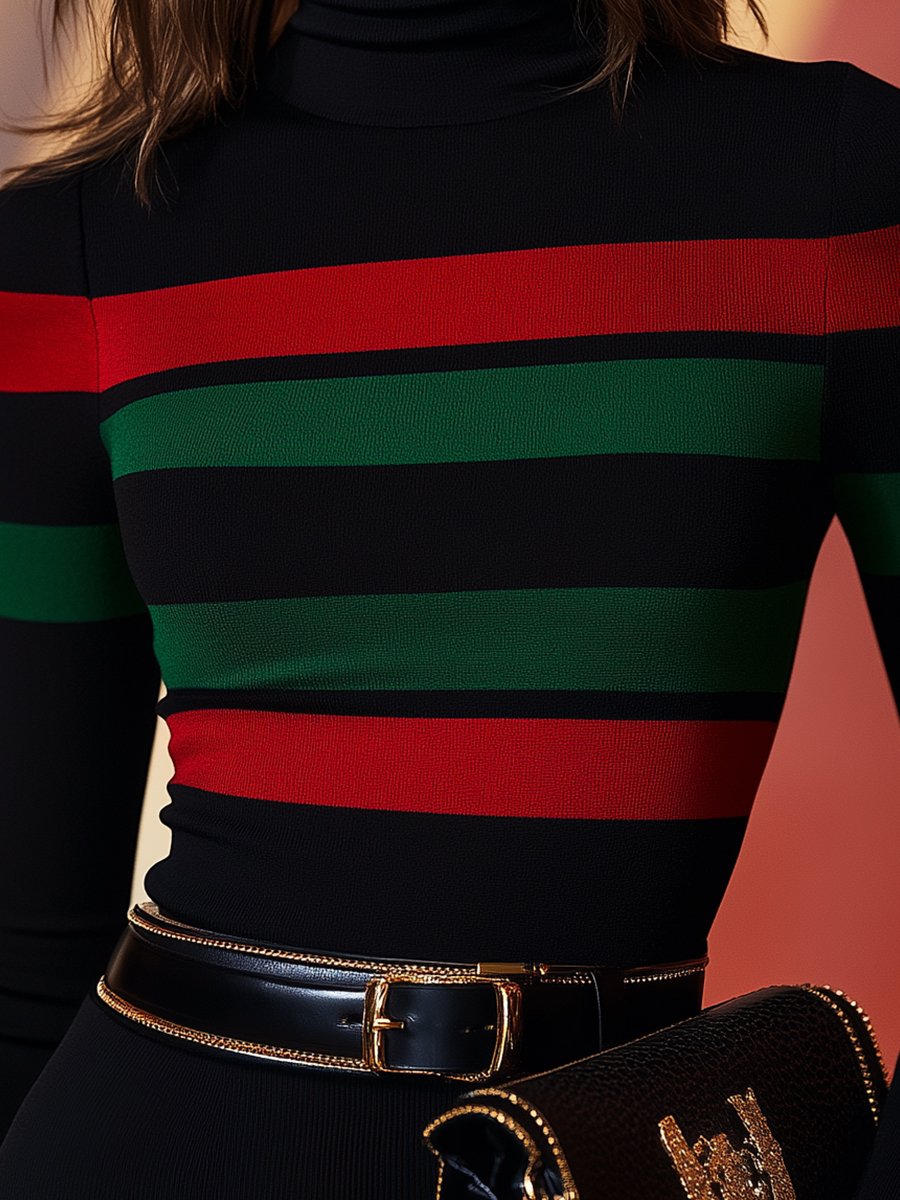 Women’s Striped Turtleneck Sweater with Long Sleeves – Fitted Fine Knit for Everyday Layering and Smart Styling