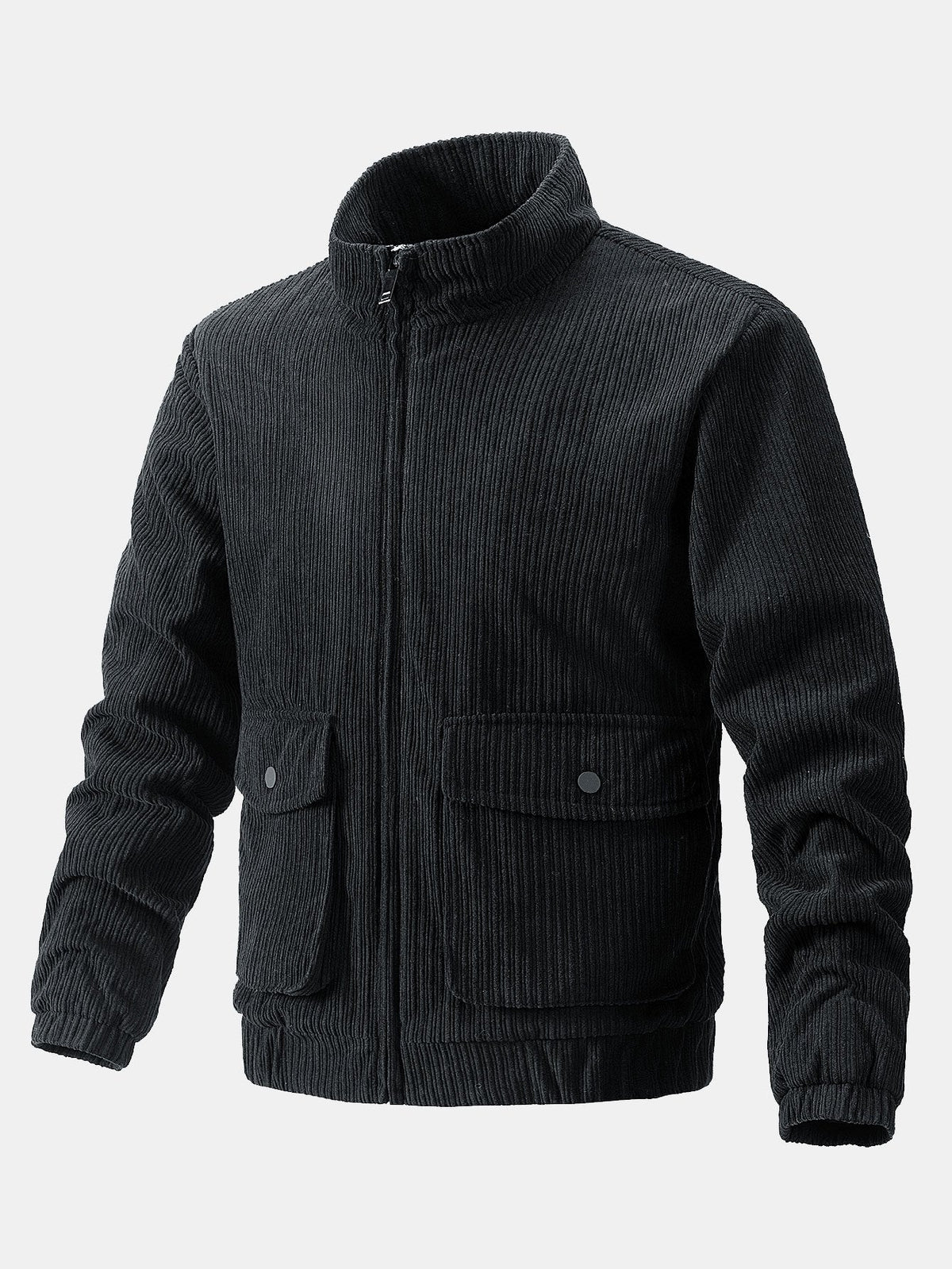 Men's Corduroy Funnel Neck Jacket – Textured Zip-Up Casual Outerwear with Utility Pockets for Autumn and Winter