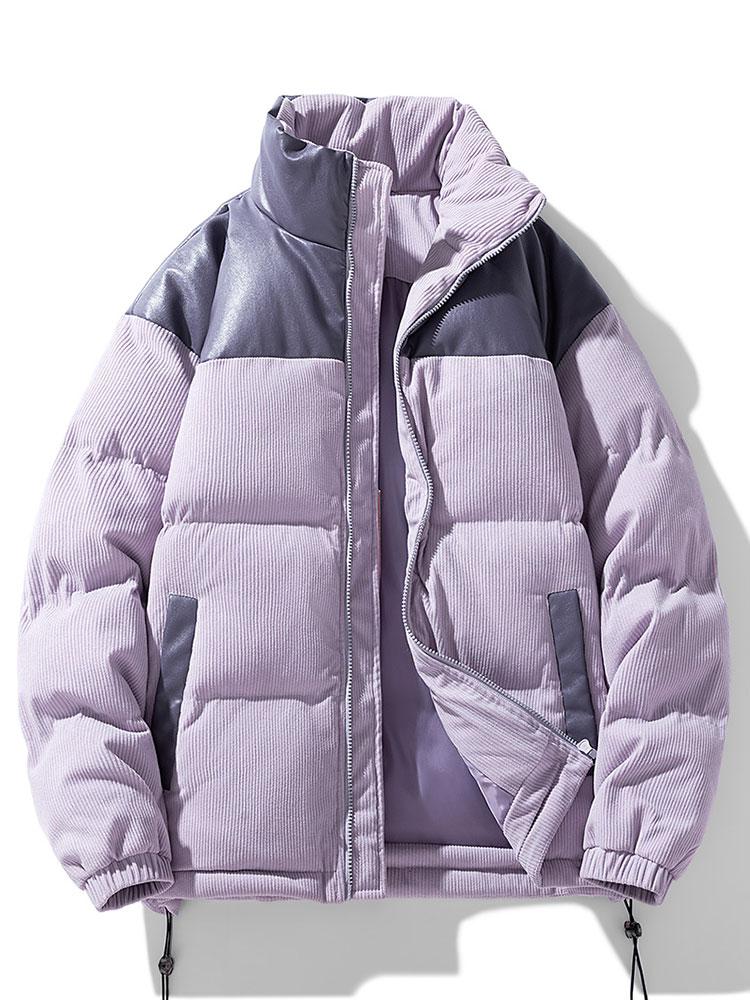 Men's Padded Corduroy Puffer Jacket – High Collar Zip-Up Winter Coat with Contrast Panels and Adjustable Hem