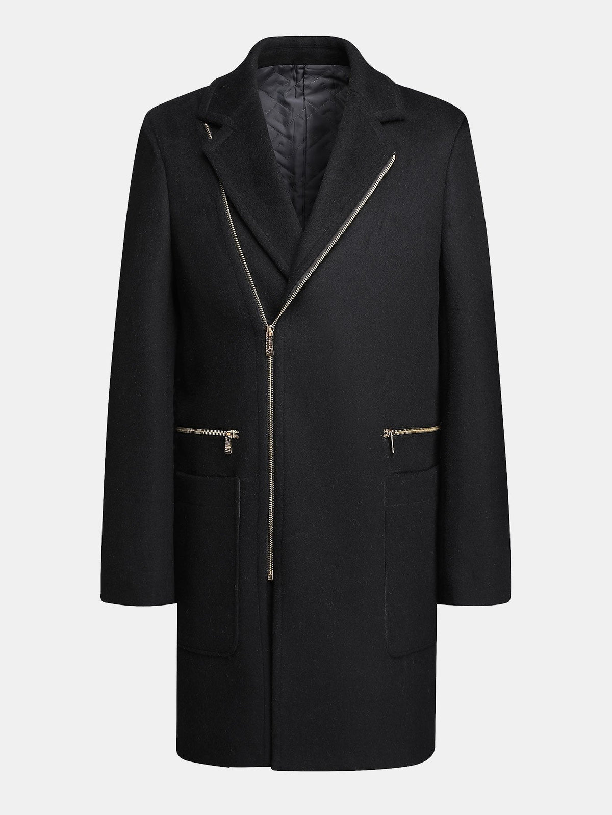 Men's Long Wool Blend Overcoat – Tailored Winter Coat with Asymmetric Zip Fastening and Quilted Lining for Smart Casual Wear