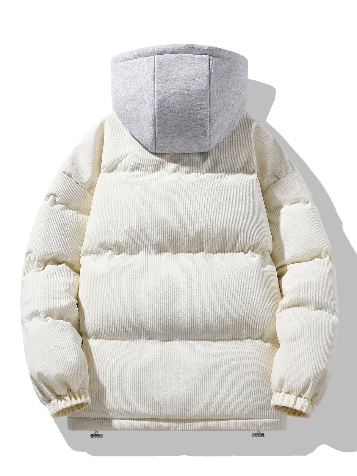 Men's Corduroy Hooded Puffer Jacket – Warm Padded Winter Outerwear with Layered Grey Hood and Zip Fastening