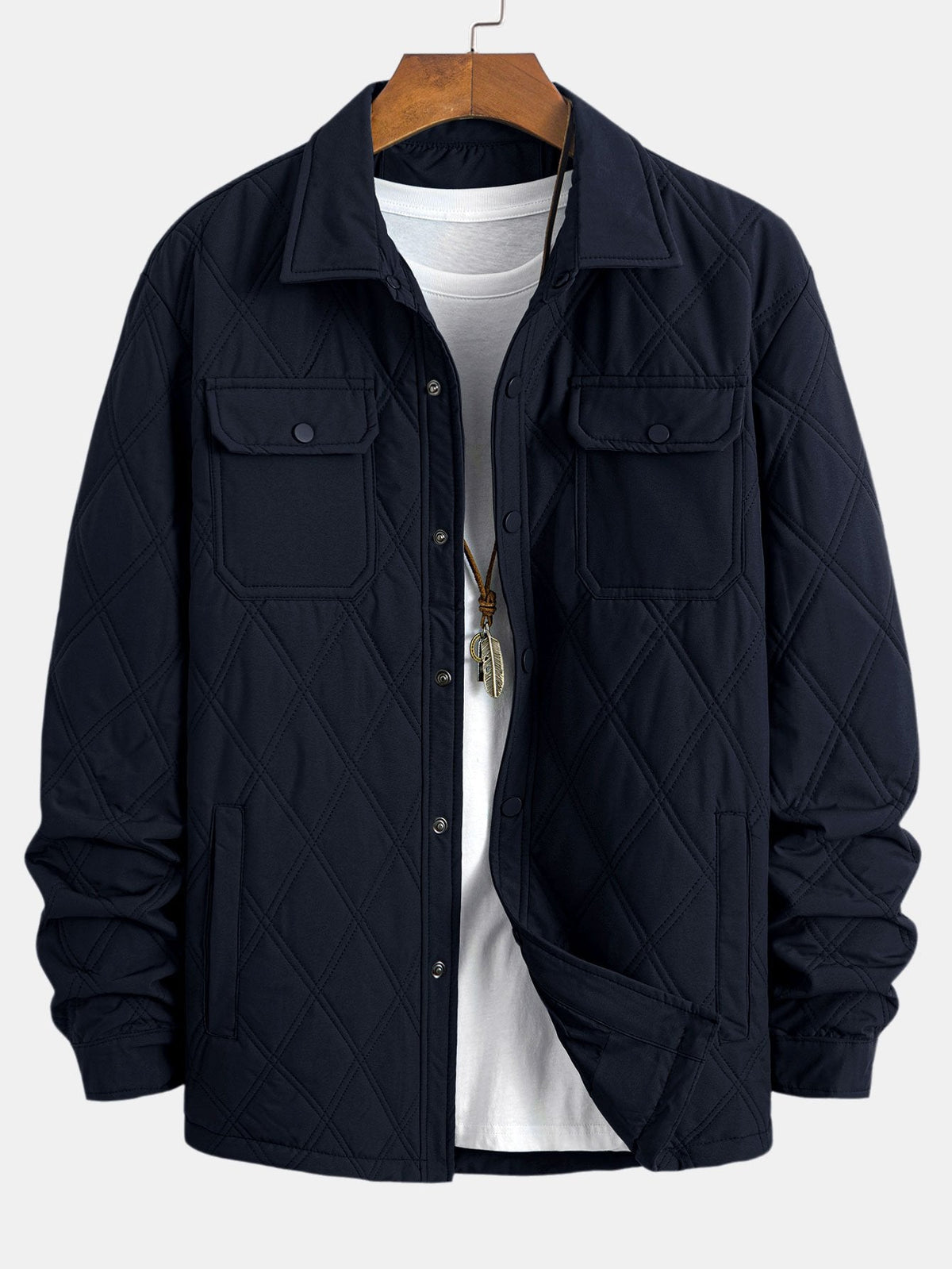 Men's Diamond Quilted Utility Overshirt Jacket – Lightweight Padded Button-Up Outerwear with Chest Pockets for Autumn and Spring