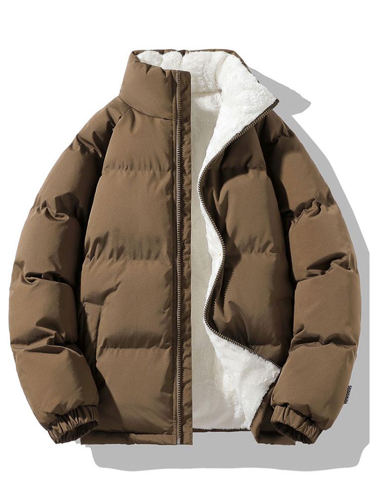Men's Sherpa-Lined Puffer Jacket with High Collar – Warm Quilted Zip-Up Outerwear for Winter