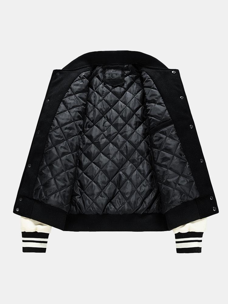 Men's Wool-Look Varsity Bomber Jacket with Faux Leather Sleeves – Classic College Style Outerwear for Autumn and Spring