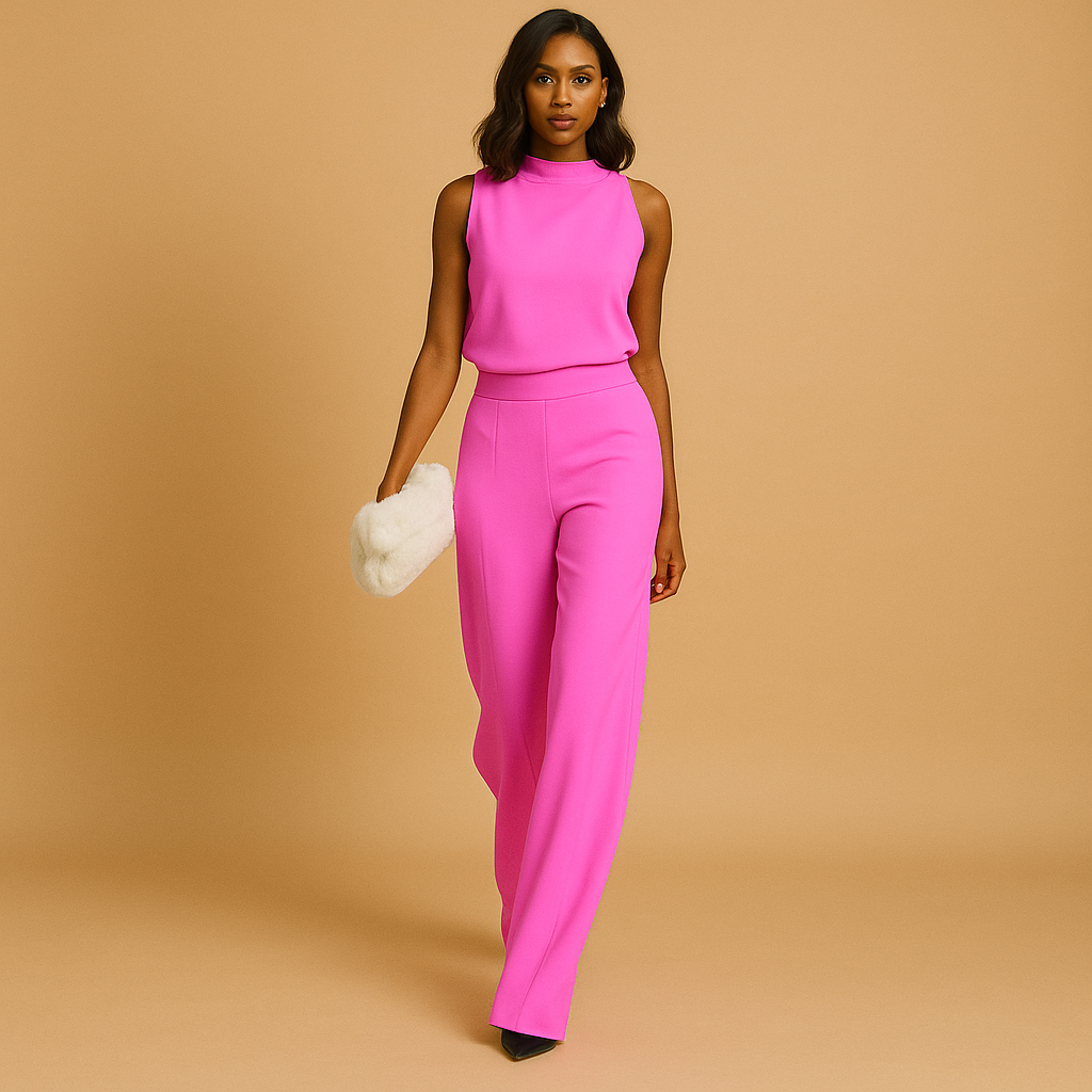 Women's Sleeveless High-Neck Wide-Leg Jumpsuit with Defined Waist – Elegant Minimalist Style for Evening and Formal Wear