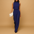 Women's Sleeveless High-Neck Wide-Leg Jumpsuit with Defined Waist – Elegant Minimalist Style for Evening and Formal Wear