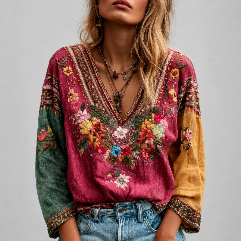 Kate - Women's Boho Floral Embroidered V-Neck Blouse