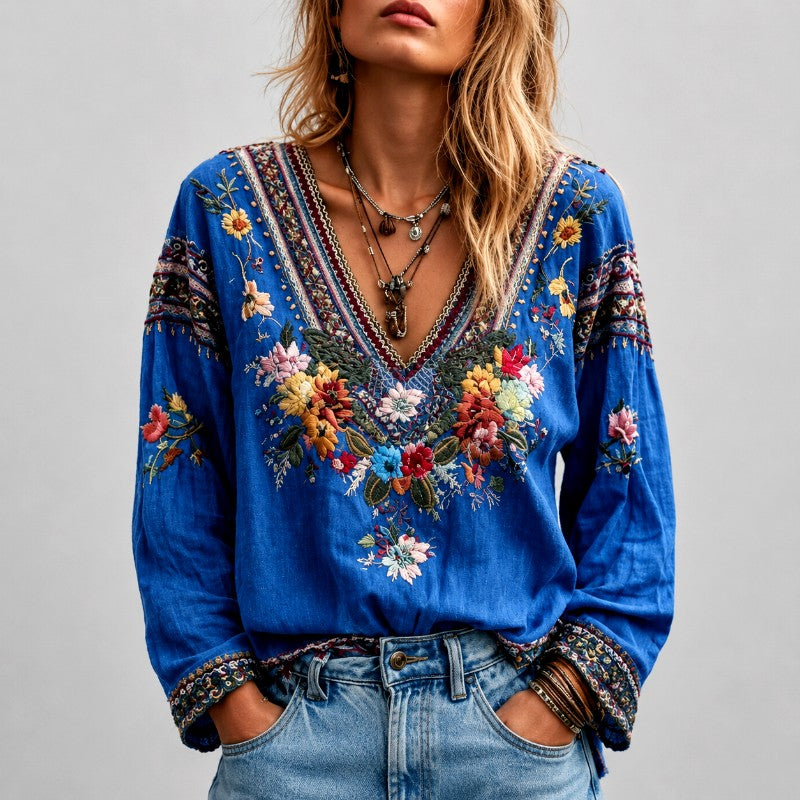 Kate - Women's Boho Floral Embroidered V-Neck Blouse