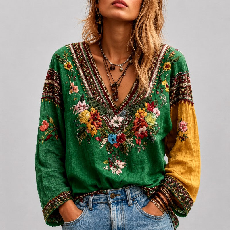 Kate - Women's Boho Floral Embroidered V-Neck Blouse